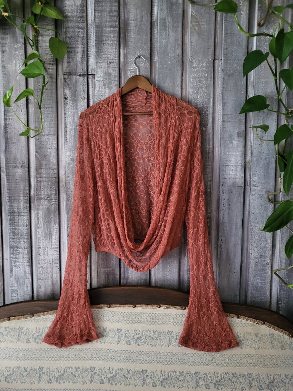 Vintage Semi Sheer Lace Shrug Bell Sleeve Elastic Waist Top Terracotta Glitter